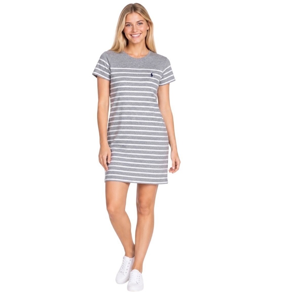 Polo Ralph Lauren Gray White Striped Short Sleeve T-Shirt Dress Small